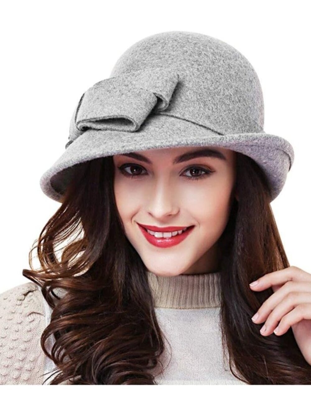 Women Solid Color Winter Hat 100% Wool Cloche Bucket with Bow Accent